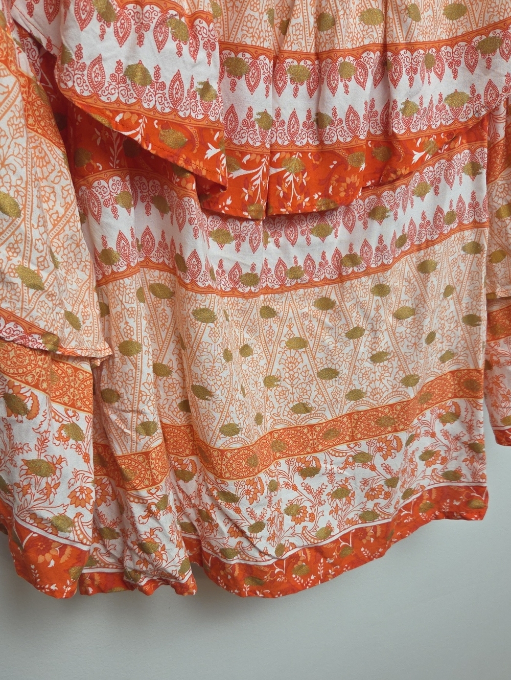 Boho Floral Paisley Off Shoulder Ruffle Blouse Coral Orange Peasant Top Medium - Picture 6 of 10